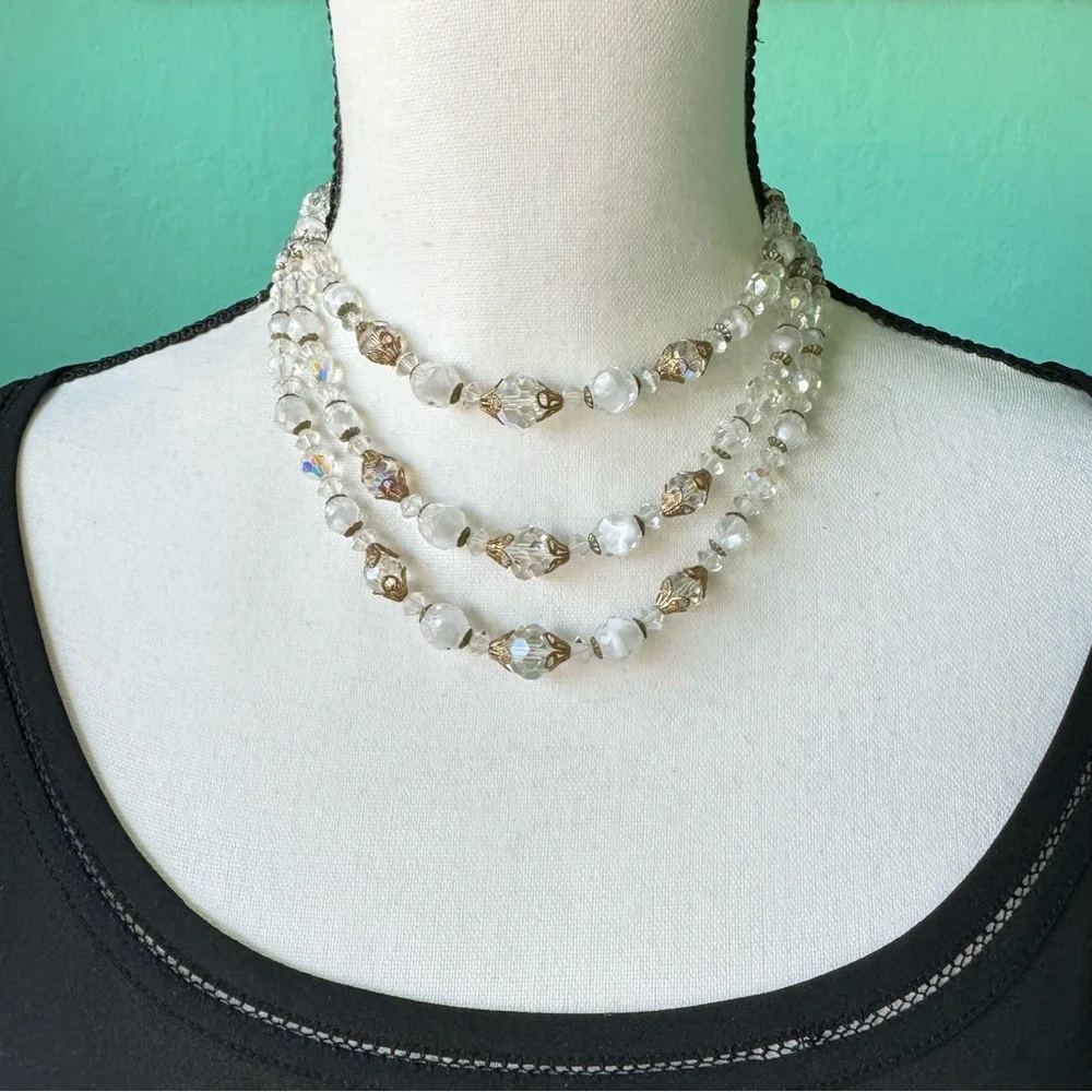 Vintage Givre Glass AB Crystal Bead Triple Strand Necklace Filigree Romantic - Picture 13 of 15